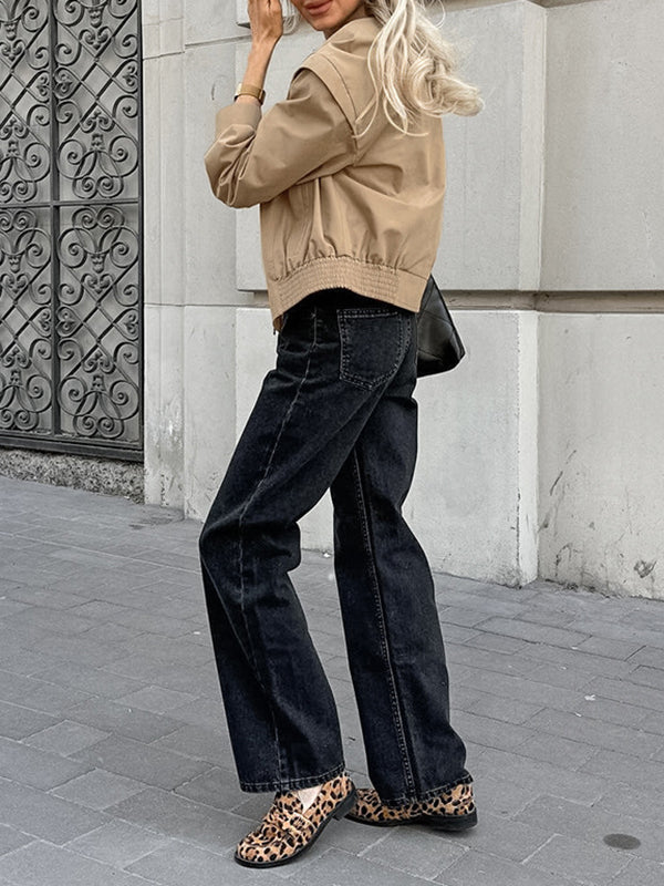 Buttoned Elasticity Solid Color Zipper Long Sleeves Loose Lapel Outerwear Jackets