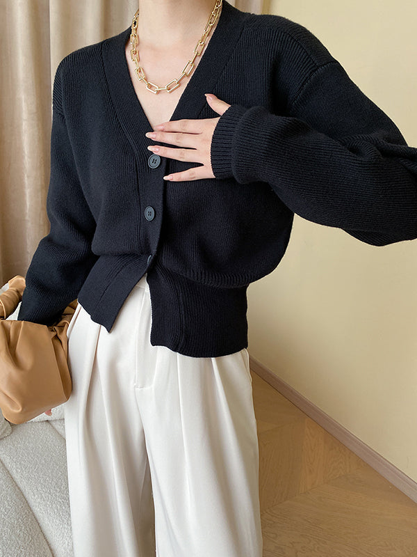 Solid Color Long Sleeves Loose V-Neck Cardigan Tops