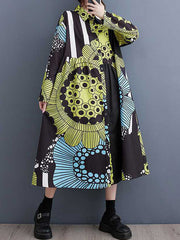 Asymmetric Buttoned Printed Split-Joint A-Line Long Sleeves Lapel Shirt Dress Midi Dresses