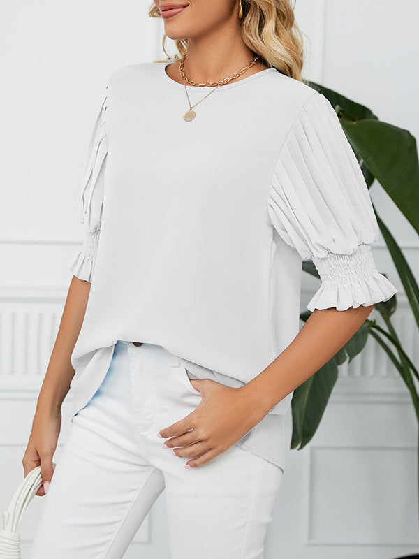 Pleated Solid Color Loose Puff Sleeves Round-Neck T-Shirts Tops