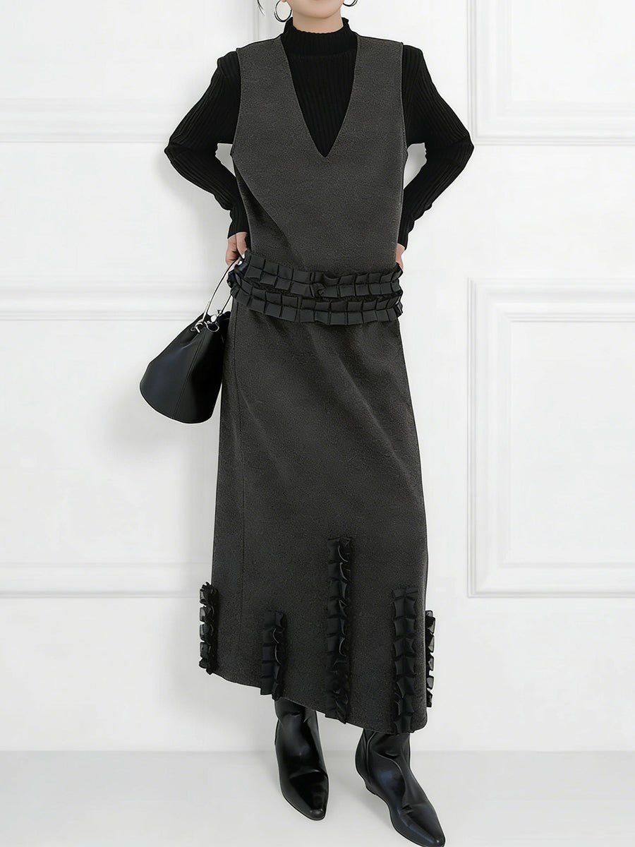 Contrast Color Ruffled Split-Joint V-Neck Vest Top + Elasticated Waist High Waisted Pleated Skirts Bottoms Two Pieces Set