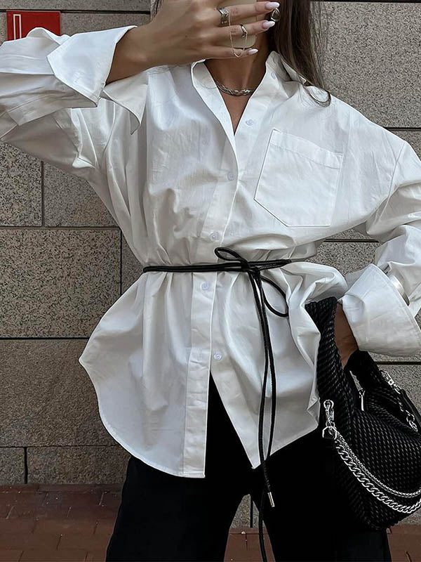 Buttoned Pockets Solid Color Long Sleeves Loose Lapel Blouses&Shirts Tops
