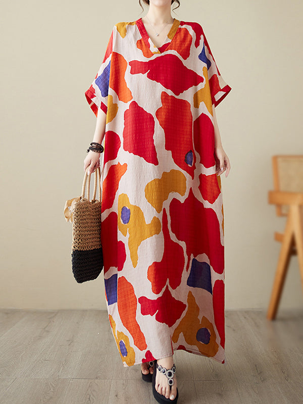 Color-Block Contrast Color Batwing Sleeves Loose Round-Neck Maxi Dresses