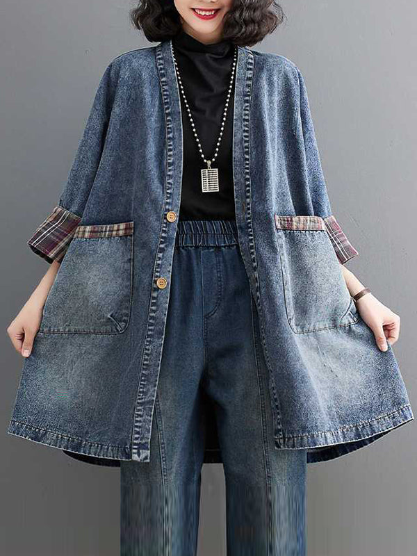 Buttoned Plaid Pockets Split-Joint Long Sleeves Loose V-Neck Denim Outerwear
