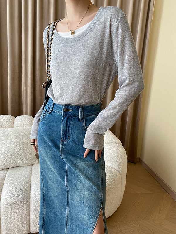 Asymmetric Contrast Color Split-Joint Fake Two-Piece Long Sleeves Round-Neck T-Shirts