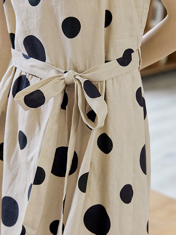 Contrast Color Pleated Polka-Dot Split-Joint Tied Waist Loose Sleeveless Round-Neck Midi Dresses