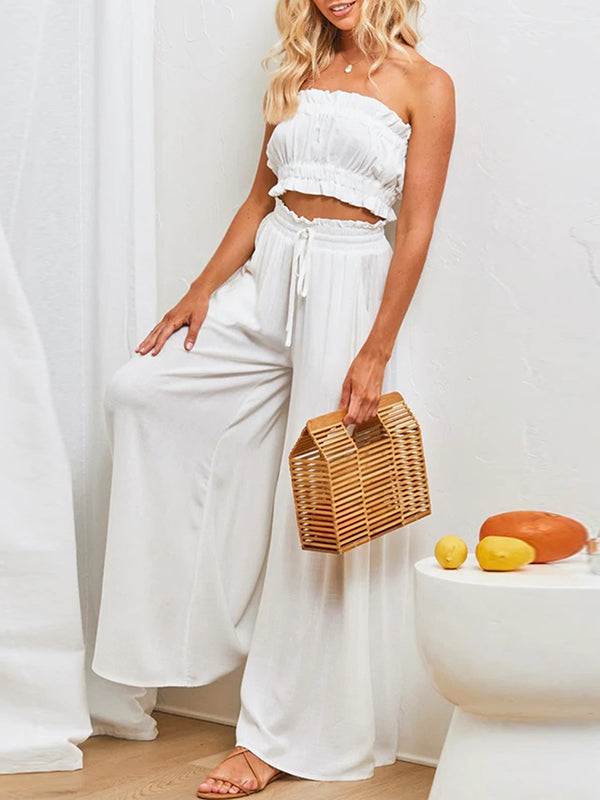 Drawstring Elasticity Pleated Pockets Solid Color High Waisted Loose Trousers Pants