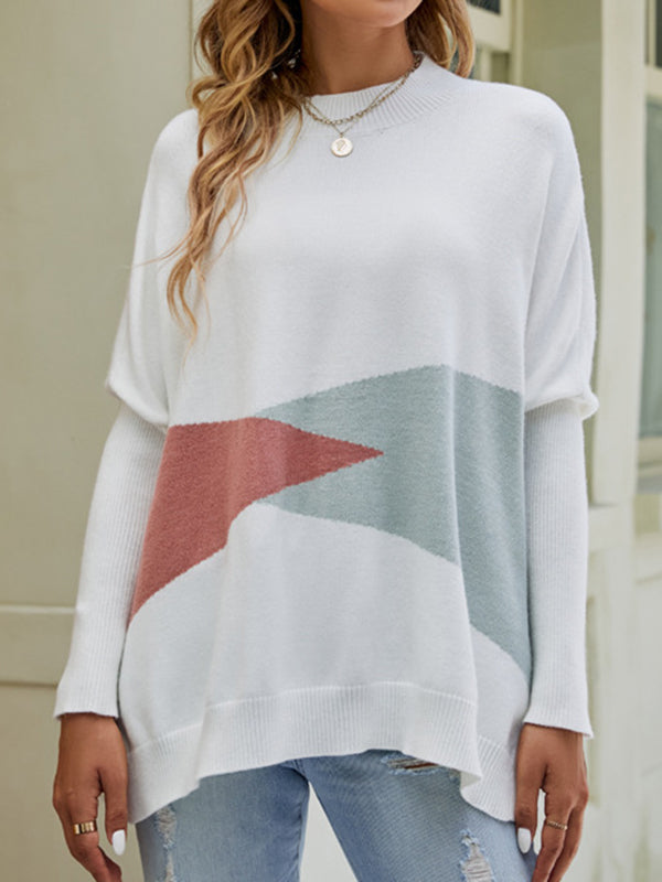 Contrast Color Batwing Sleeves Long Sleeves Round-Neck Sweater Tops Pullovers Knitwear
