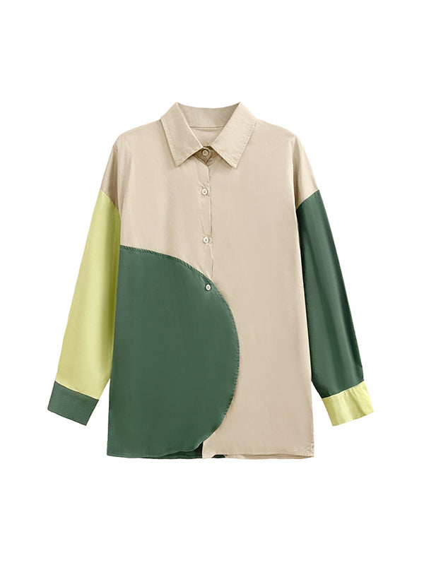 Asymmetric Buttoned Contrast Color Long Sleeves Loose Lapel Blouses&Shirts Tops
