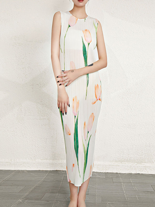 Flower Print Pleated Loose Sleeveless Round-Neck Midi Dresses