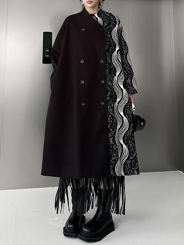 Buttoned Contrast Color Pockets Long Sleeves Loose Stand Collar Woolen Coat