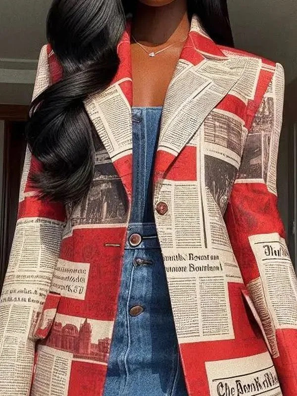Buttoned Newspaper Print Pockets Split-Joint Long Sleeves Loose Notched Collar Outerwear Blazer