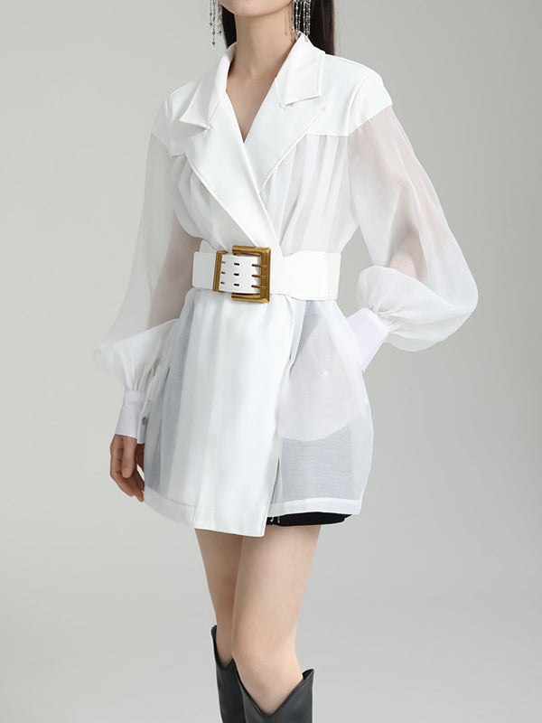 Belted See-Through Puff Sleeves Loose Lapel Blouses&shirts Tops