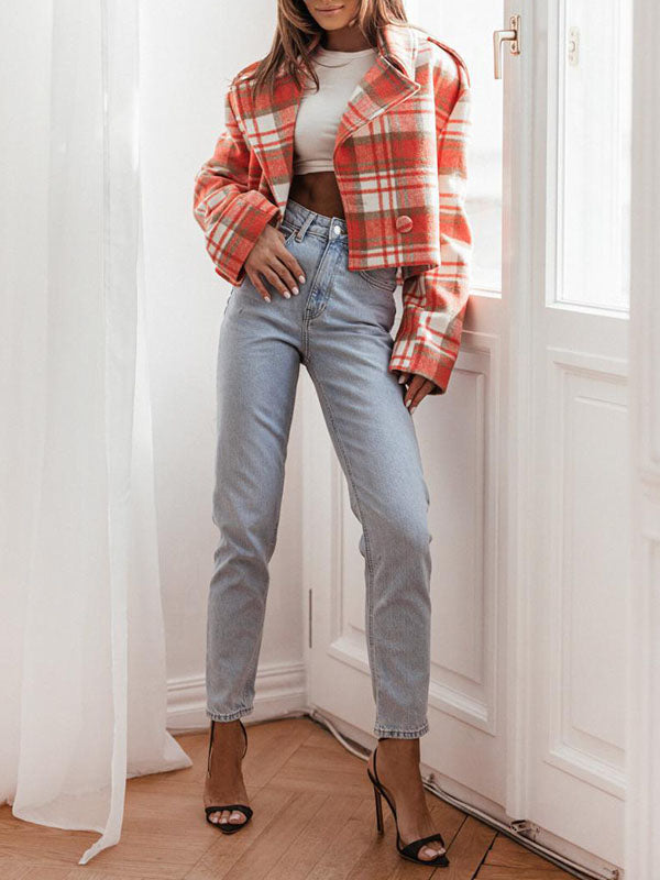 Plaid Split-Joint Long Sleeves Loose Peter Pan Collar Jackets&Coats