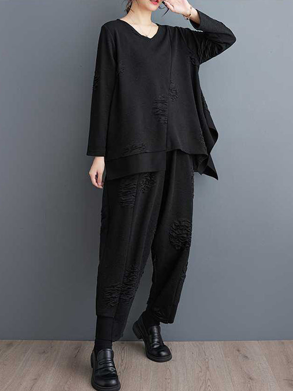 Split-Joint V-Neck Long Sleeves Asymmetric Solid Color T-Shirts Top + Harem Pants Elasticity Pants Bottom Two Pieces Set