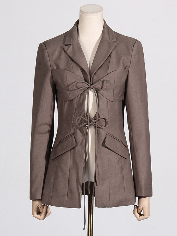 Pockets Solid Color Tied Long Sleeves Loose Notched Collar Outerwear Blazer