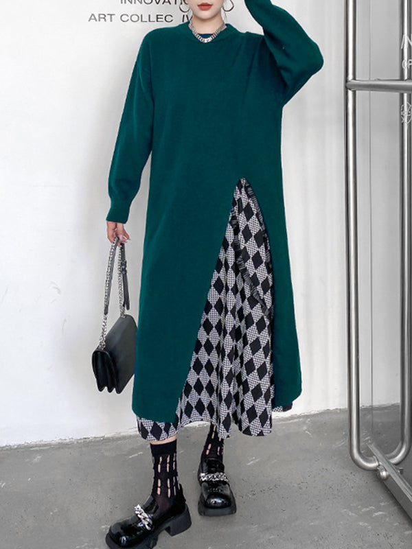 Solid Color Split-side Long Sleeves Loose Round-neck Sweater Tops