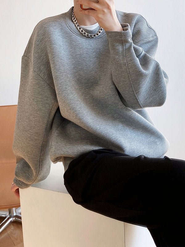 Solid Color Long Sleeves Loose Round-Neck Sweatshirt Tops