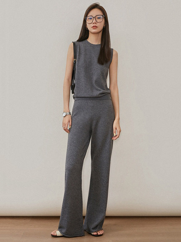 Urban Loose Solid Round-Neck Vest Top& V-Neck Sweater Tops& Wide Leg Pants Three-Piece Set