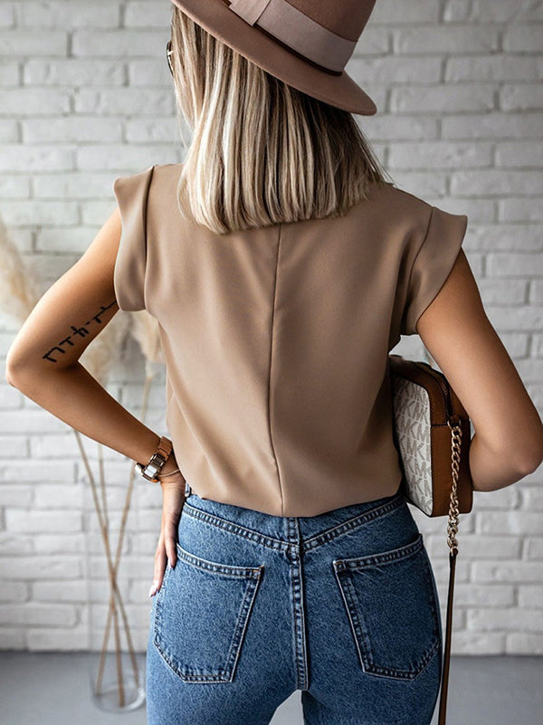 Hollow Solid Color Cap Sleeve Loose Mock Neck T-Shirts Tops