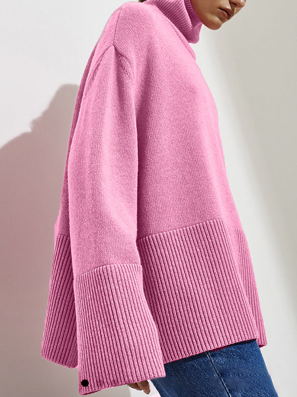 Pleated Solid Color Split-Side Long Sleeves Loose High Neck Sweater Tops