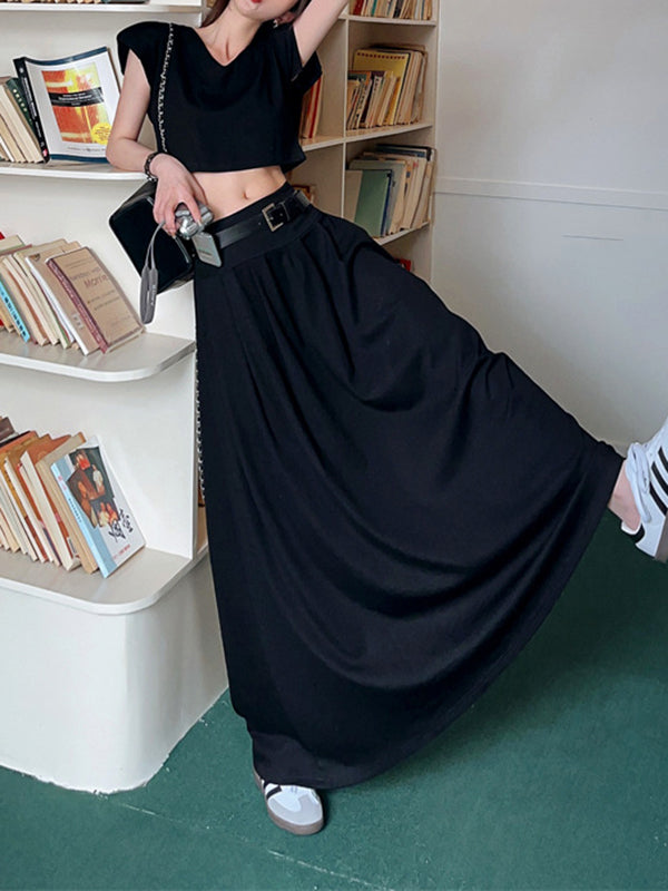 Belted Pleated Solid Color A-Line High Waisted Skirts Bottoms