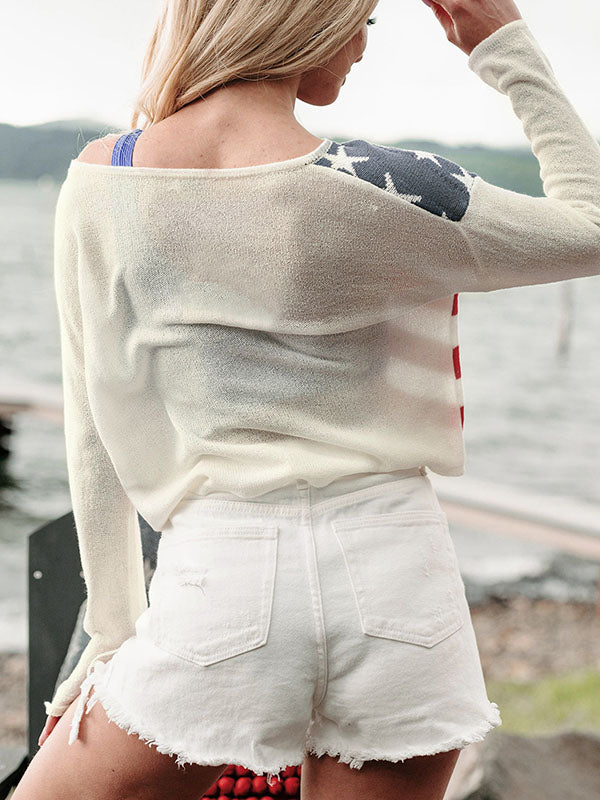 Split-Joint Striped Long Sleeves Loose Round-Neck Sweater Tops Pullovers