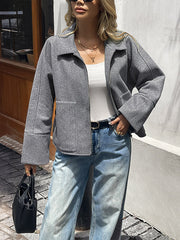 Pockets Solid Color Zipper Long Sleeves Lapel Outerwear Coats&Jackets
