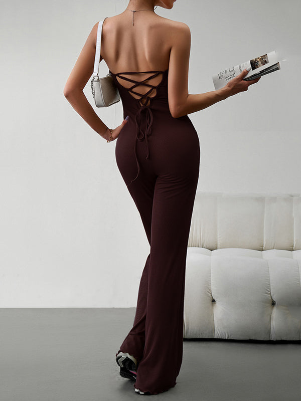Bandage Solid Color Tied Bodycon Flared Pants Tube Jumpsuits