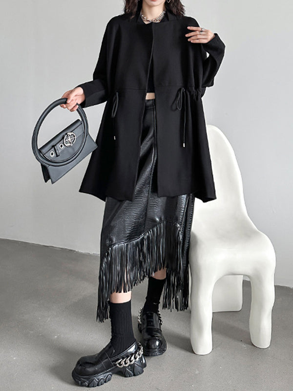 Drawstring Solid Color Long Sleeves Loose Square-Neck Trench Coats Outerwear