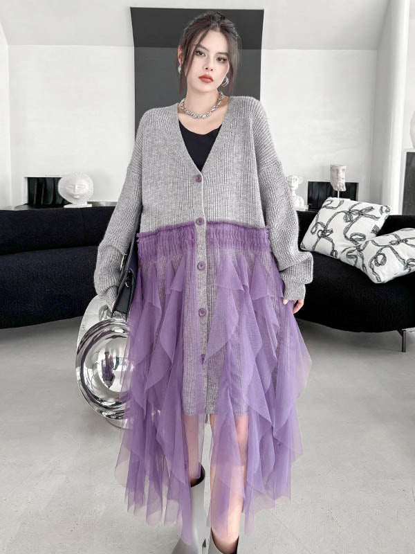 Buttoned Contrast Color Mesh Pleated Ribs Split-Joint High-Low Irregularity Collarless Outerwear Cardigan Tops