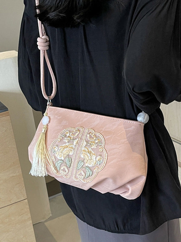 Embroidered Pleated Tasseled Zipper Crossbody Bags