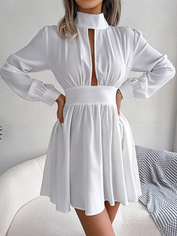 Hollow Solid Color Zipper A-Line Elasticated Waist Half Turtleneck Mini Dresses