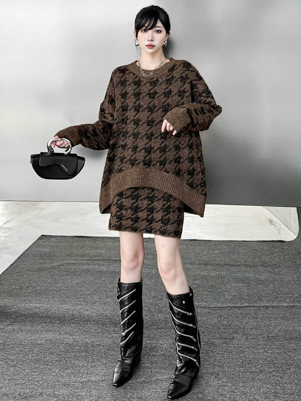 Contrast Color Split-joint Ribs Shiny Swallow Gird/Houndstooth Round-Neck Sweater Tops + A-Line Elasticated Waist Skirts Bottoms  Two Pieces Set