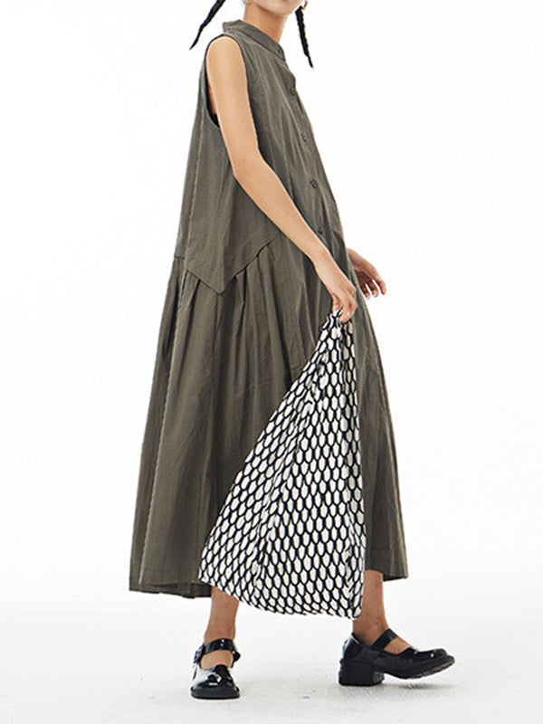 Pleated Solid Color Loose Sleeveless Stand Collar Shirt Dress Midi Dresses