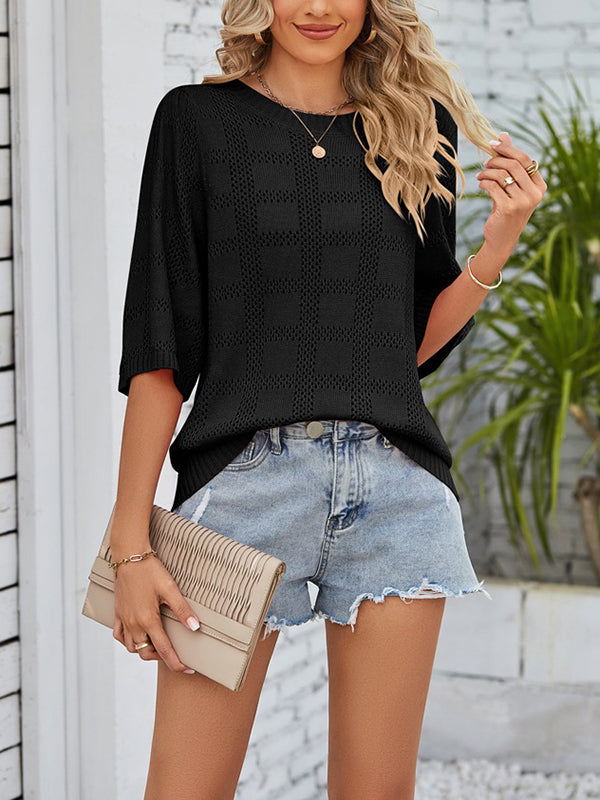 Hollow Solid Color Loose Round-neck T-Shirts Tops