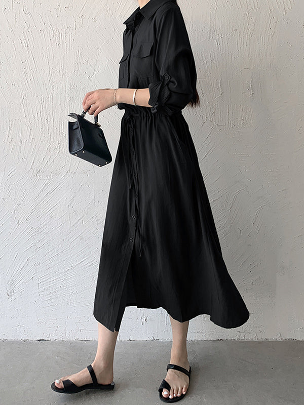 Casual A-Line Long Sleeves Bandage Solid Color Lapel Collar Shirt Midi Dresses
