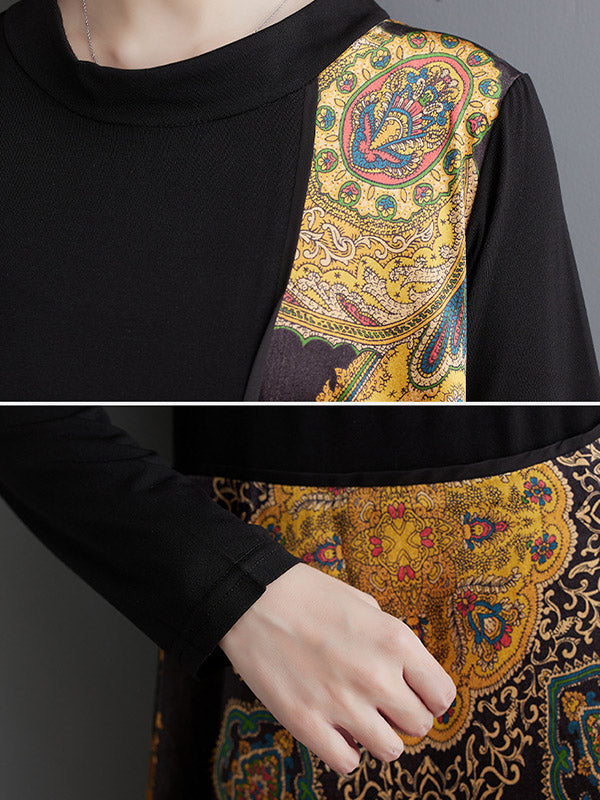 Asymmetric Printed Split-Joint Long Sleeves Loose Round-Neck Midi Dresses