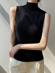 Solid Color Skinny Sleeveless High-Neck Vest Top Knitwear