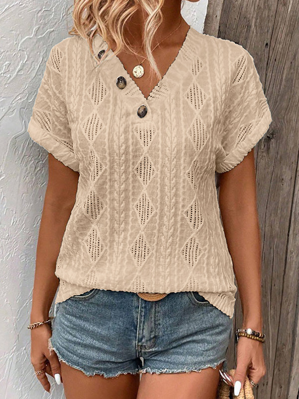 Buttoned Solid Color Loose Short Sleeves V-Neck T-Shirts Tops