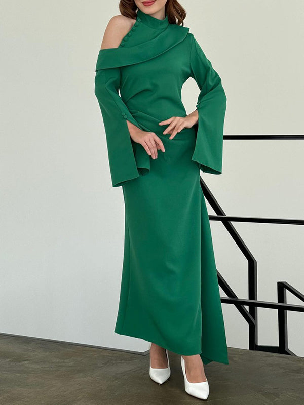 Flared Sleeves Asymmetric Buttoned Hollow Solid Color Zipper Cold Shoulder Evening Dresses Maxi Dresses