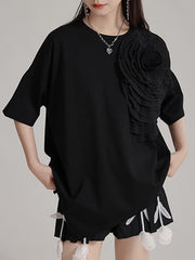 Asymmetric Solid Color Three-Dimensional Flower Loose Short Sleeves Round-Neck T-Shirts Tops