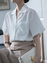 Buttoned Pockets Solid Color Split-Joint Loose Short Sleeves Notched Collar Blouses&Shirts Tops