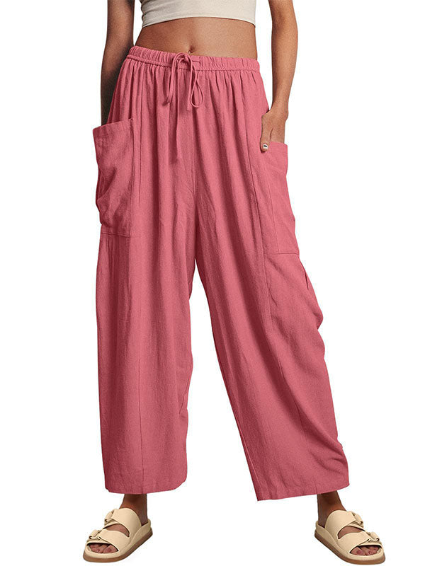 Drawstring Elasticity Pleated Pockets Solid Color High Waisted Loose Trousers Ninth Pants