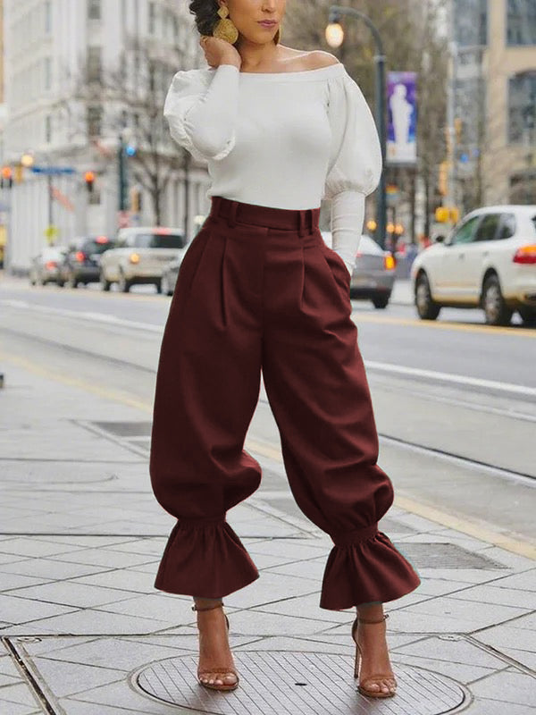 Pleated Pockets Ruffle Trim Solid Color High Waisted Pants
