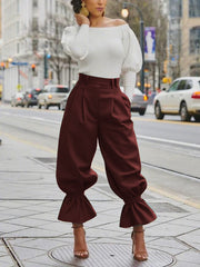 Pleated Pockets Ruffle Trim Solid Color High Waisted Pants