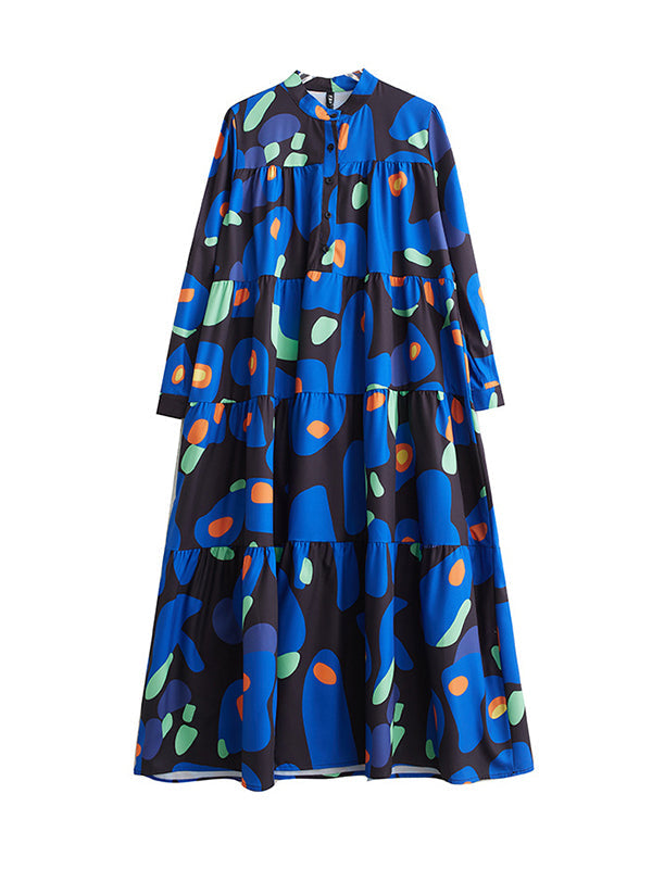 Pleated Printed Split-Joint Long Sleeves Loose Stand Collar Midi Dresses