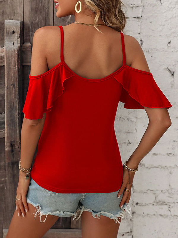 Hollow Ruffled Solid Color Split-Joint Loose Short Sleeves Cold Shoulder T-Shirts Tops