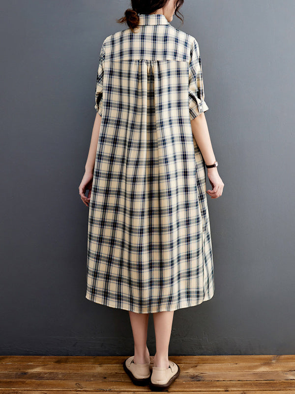 Plaid Half Sleeves Loose Lapel Midi Dresses