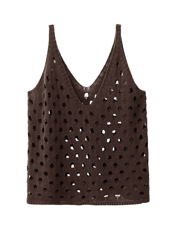Hollow Solid Color Loose Sleeveless V-Neck Vest Top